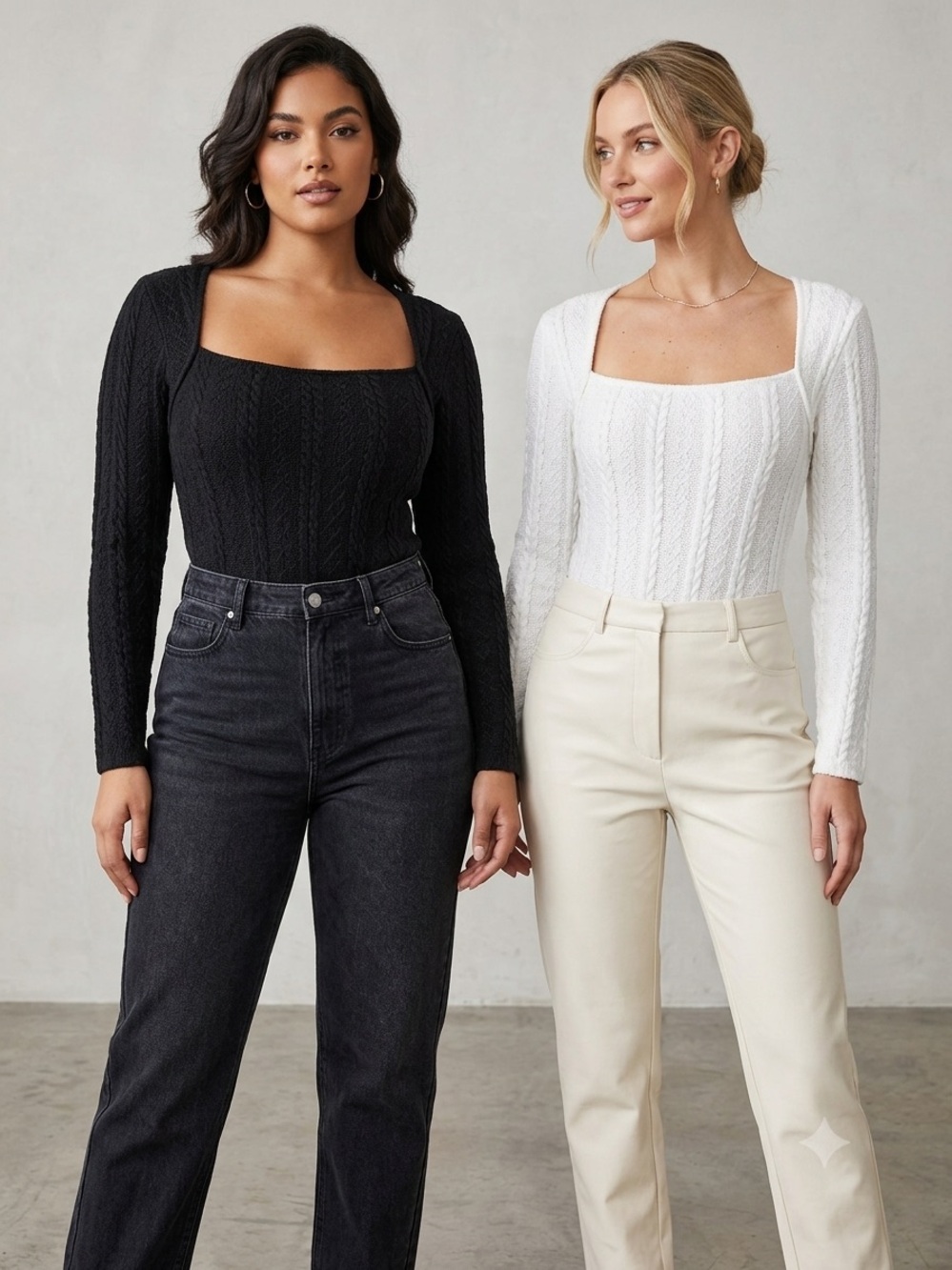 Set of 2 Women's Cable Knit Long-Sleeve Bodysuit, White and Black, Size Large